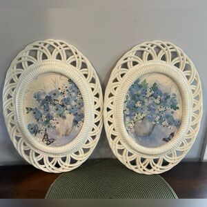 2-Vintage 1970s Burwood #8555 Faux Bamboo Flower Botanical Pictures Framed Decor